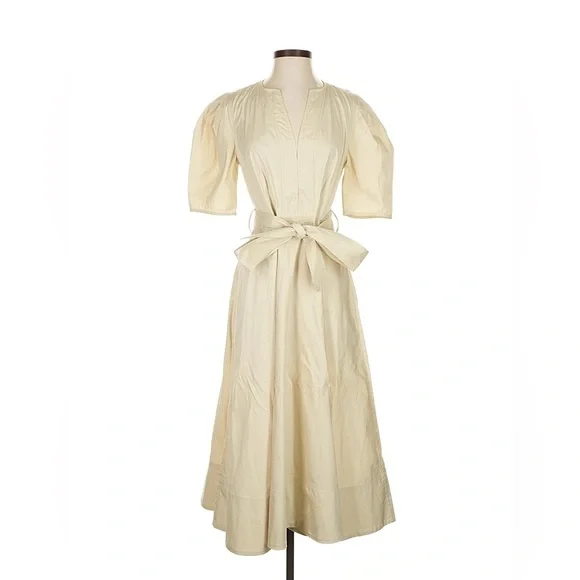 Polo Ralph Lauren Puff Sleeve Belted Midi Dress Fit Flare Cotton Poplin Beige 4 - Picture 7 of 10